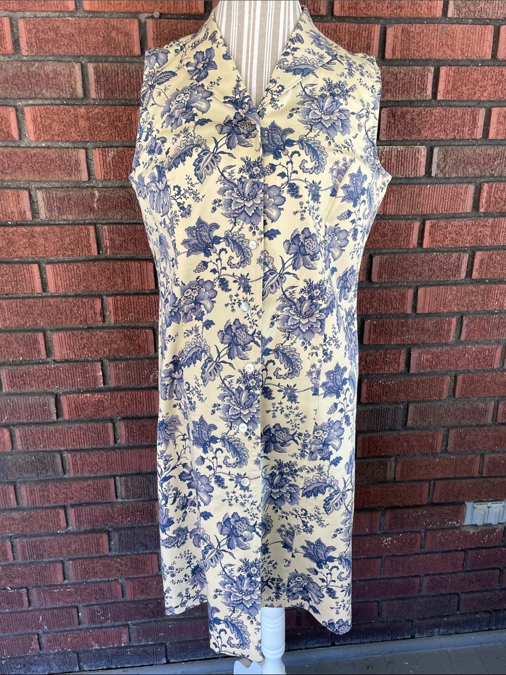Talbots Sleeveless Blue Floral Print Dress on Cream Background